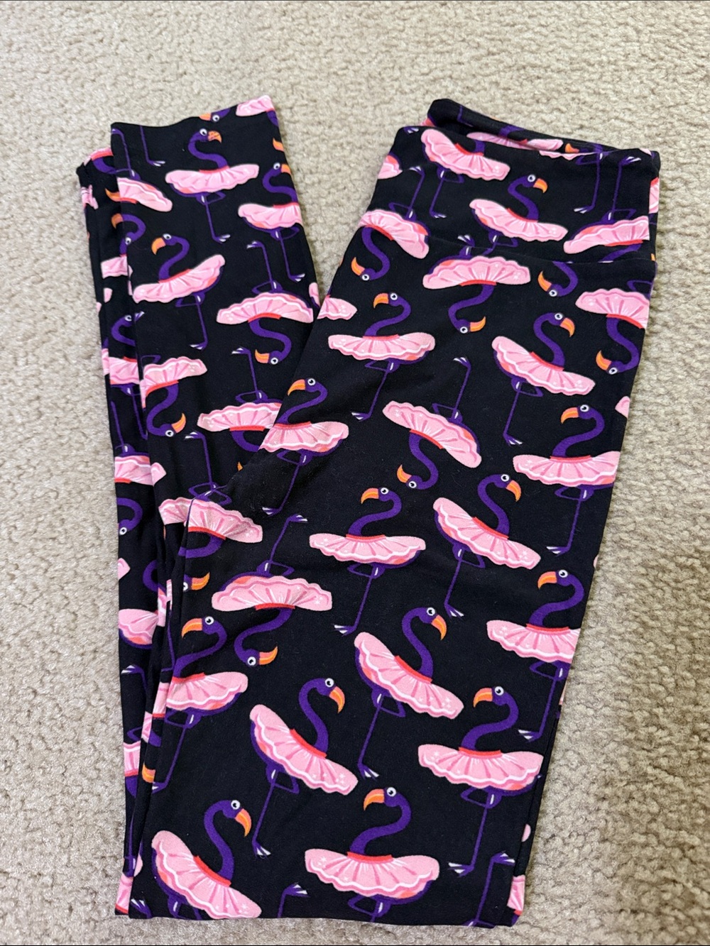 LuLaRoe Black Leggings with Pink & Purple Flamingo Ballerina Print - OS